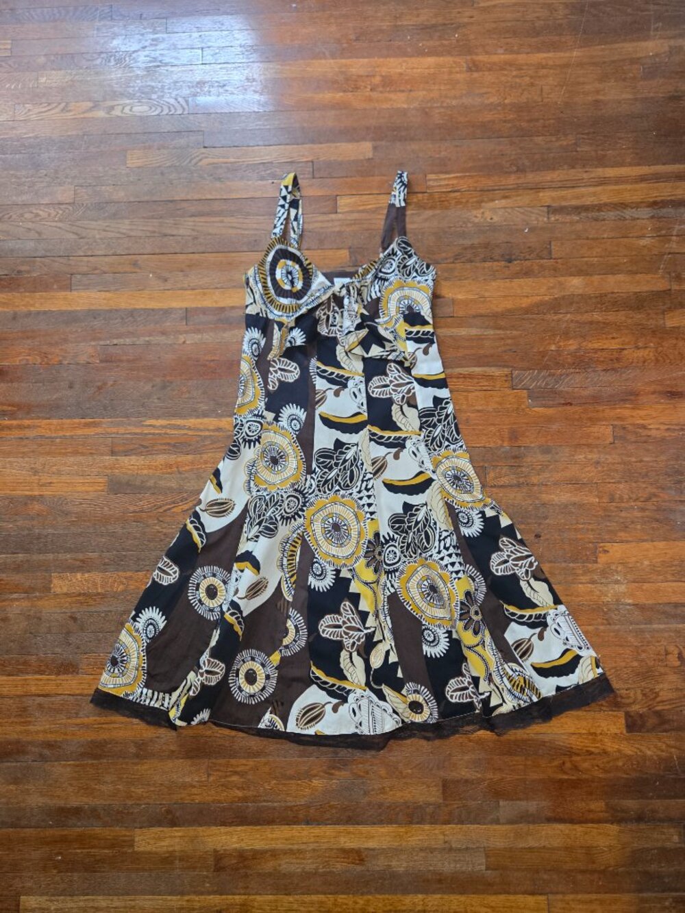 Miladys Tie Front Fit and Flare Brown and White Floral Sleeveless Midi Dress